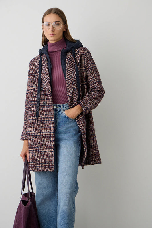 Abrigo pata de gallo con capucha — vista frontal