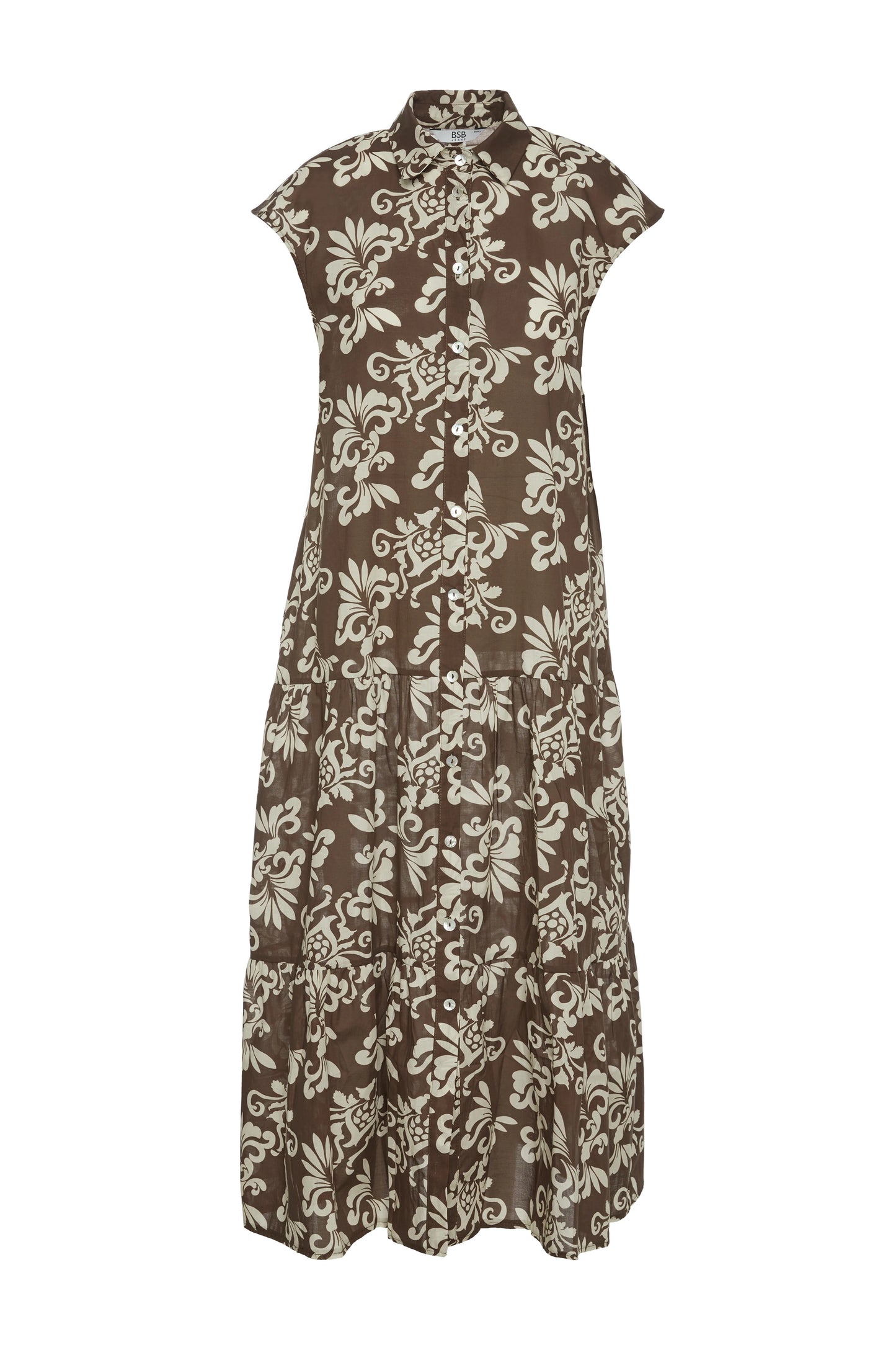 Vista lateral de vestido midi estampado BSB