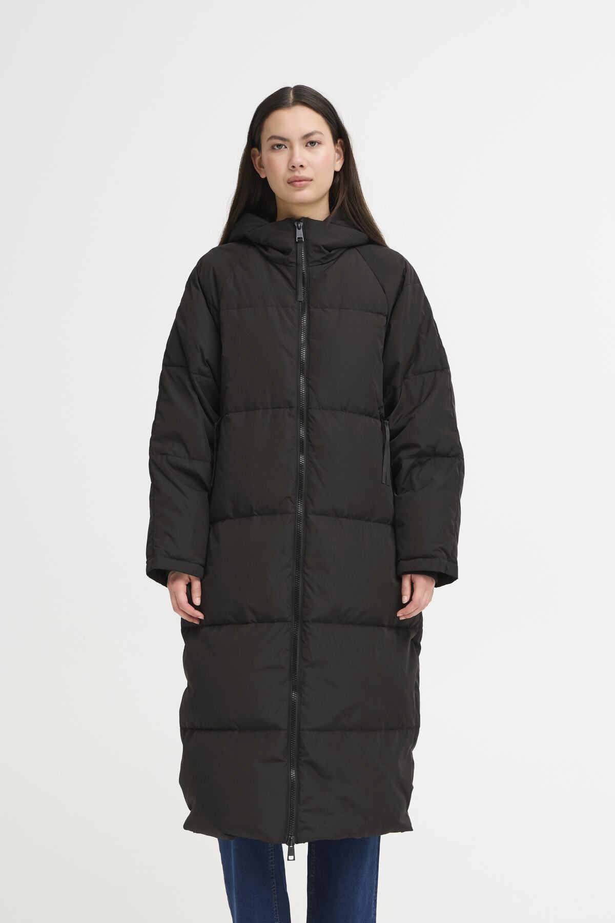 Plumífero largo acolchado con capucha — vista completa