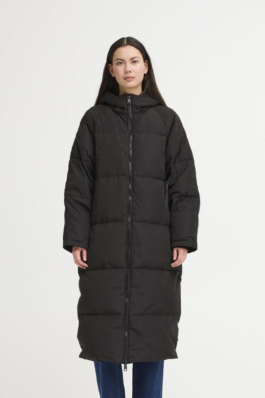 Plumífero largo acolchado con capucha — vista completa