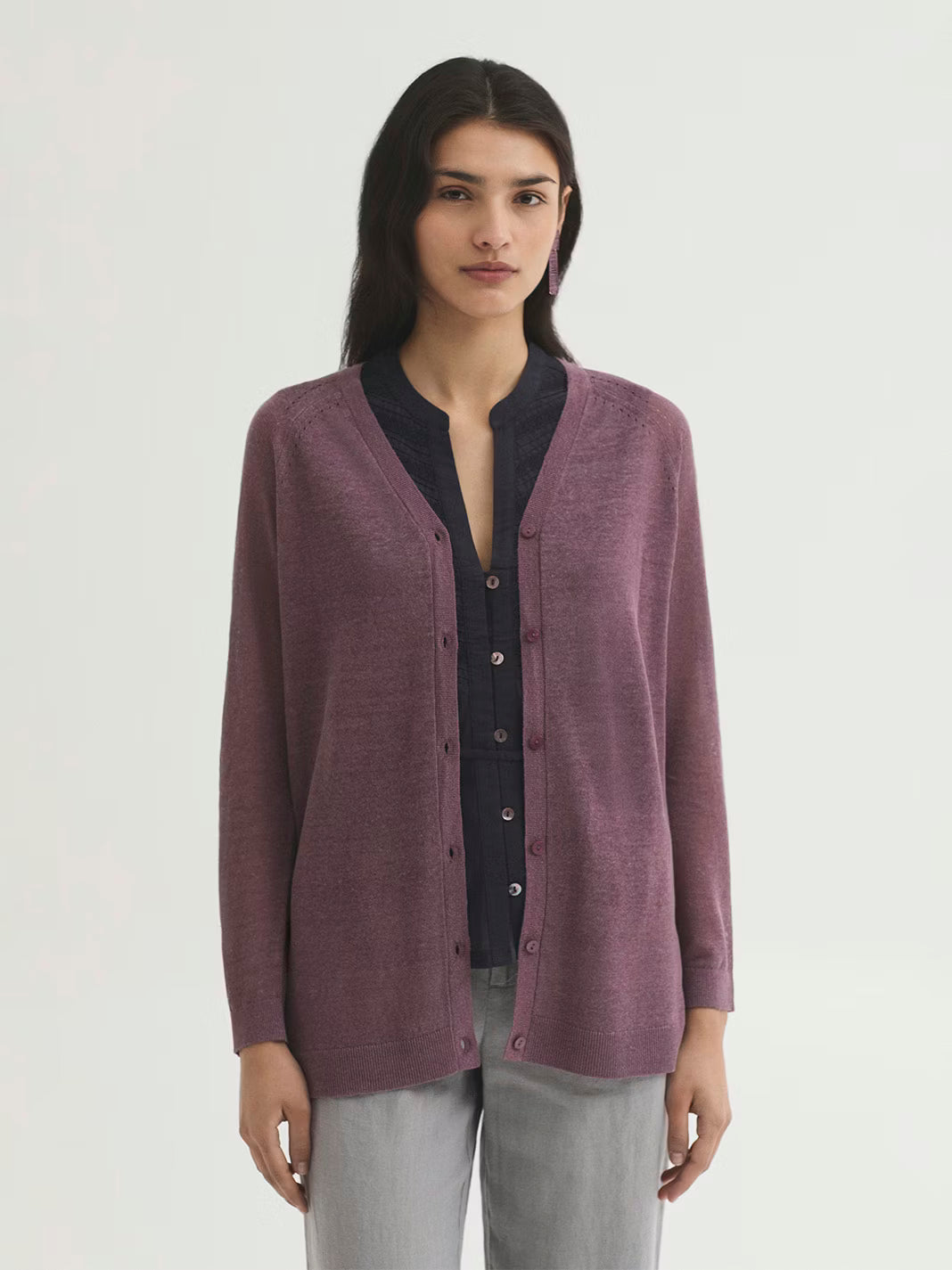 Chaqueta larga de punto Nice Things para mujer en berenjena