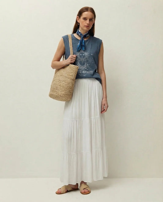 Falda midi de bambula con volantes