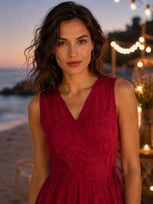 Red floral jacquard dress