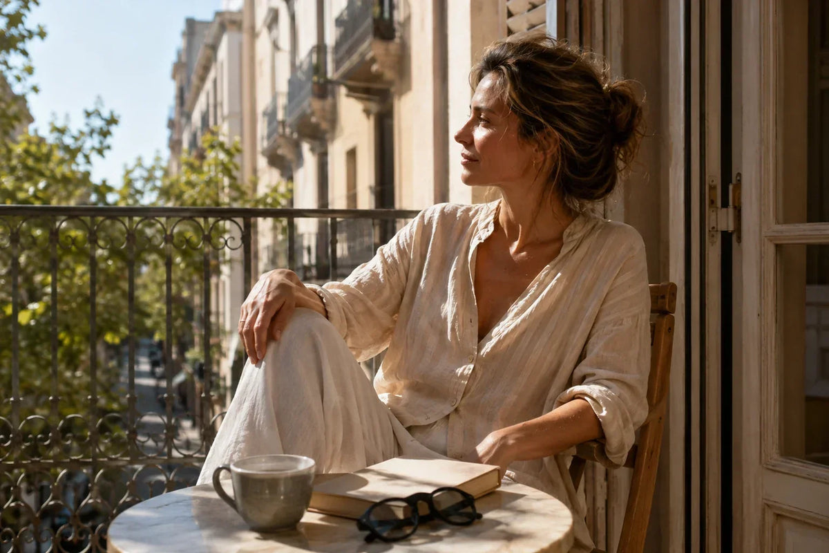 Mujer adulta sentada en un balcón mediterráneo iluminado por el sol, con prendas claras, un café, un libro y unas gafas sobre la mesa.