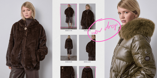 Modelos con abrigos de Marta Folch BCN: abrigo de pelo sintético color chocolate y plumas caqui con cuello de pelo, parte del nuevo drop Outer Wear FW25.