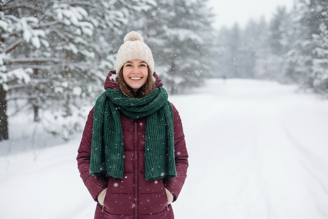 Una chica sonríe abrigada con parca, bufanda y gorro de lana, en mitad de un camino de nieve en las cotas altas. 