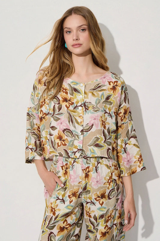 Blusa estampada de lino y manga francesa