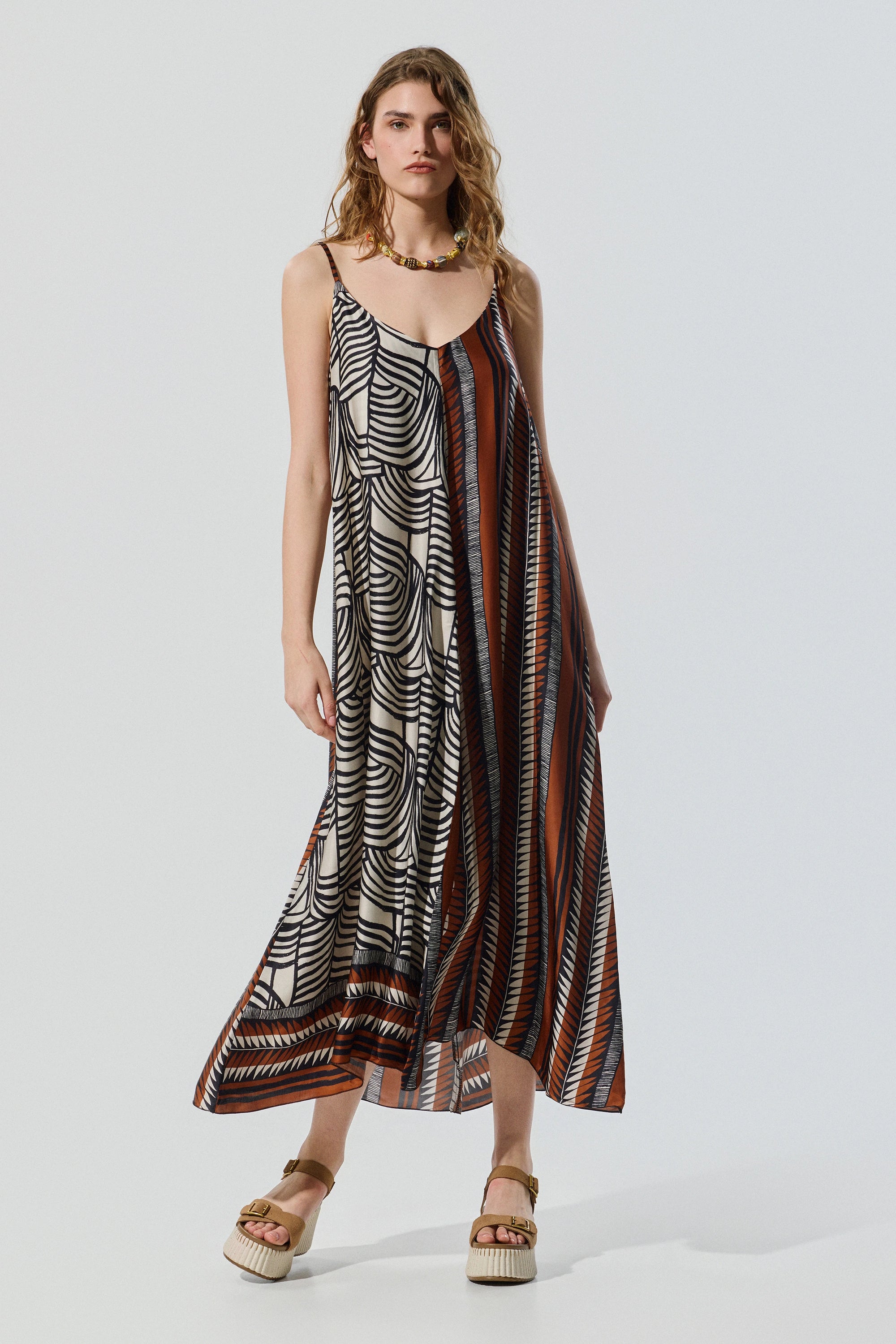 Printed long strap dress