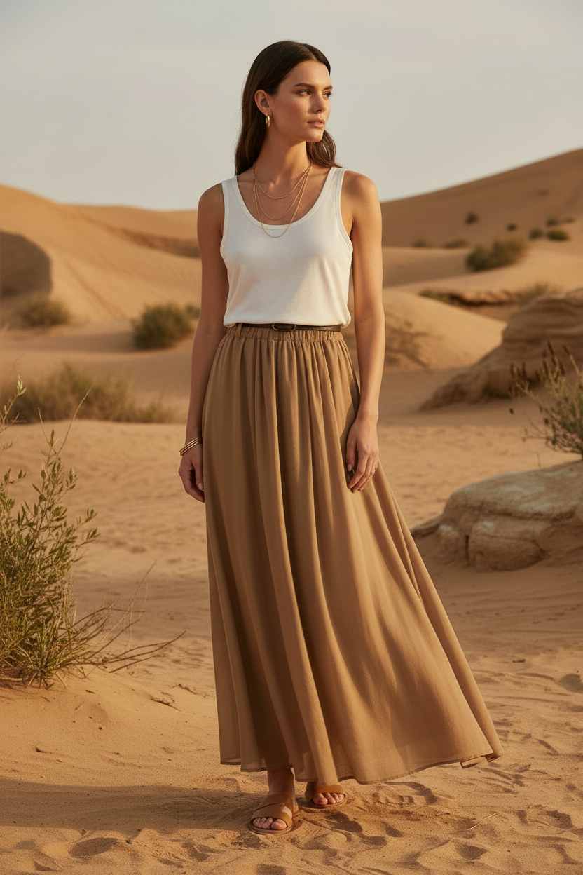 Falda larga fluida BSB para mujer en tono camel