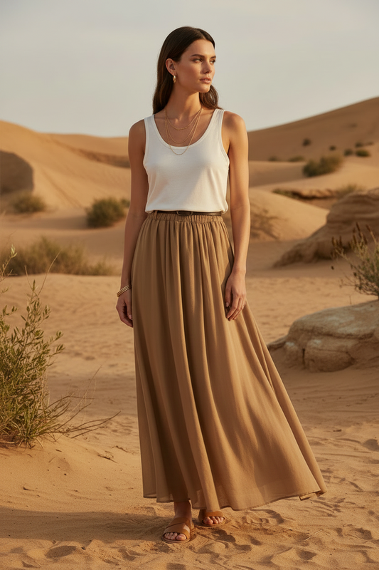 Falda larga fluida BSB para mujer en tono camel