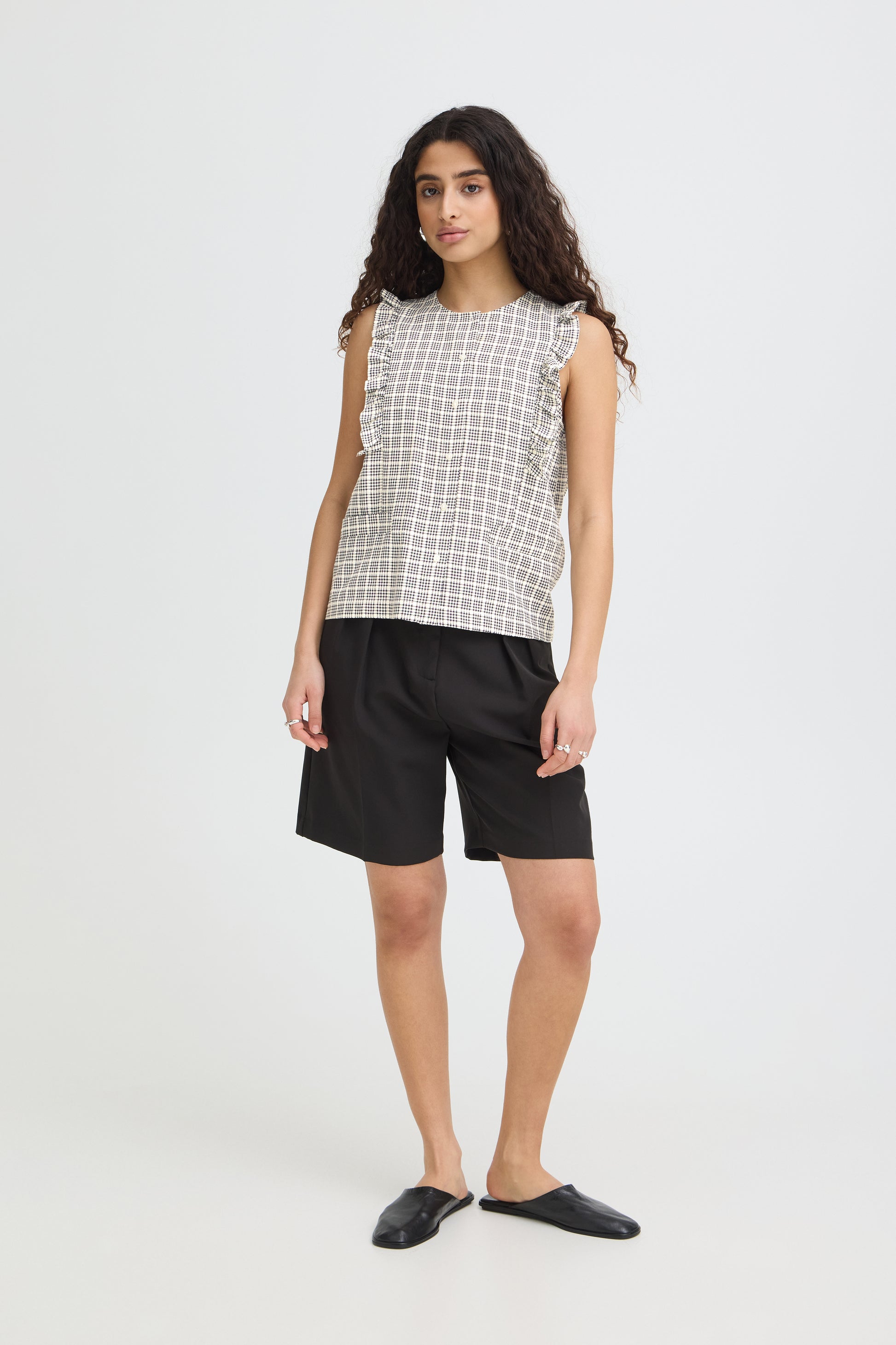 Blusa azul de cuadros ICHI para mujer con manga corta