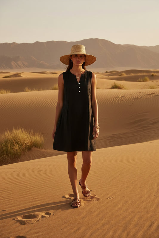 Vestido negro de lino ICHI IHLINNO DR6 para mujer