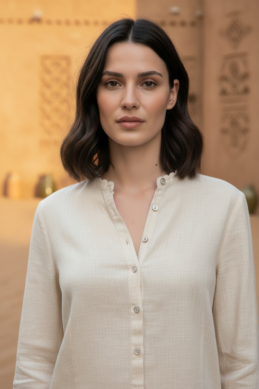 Camisa de lino Mark Up para mujer con cuello mao en color safari