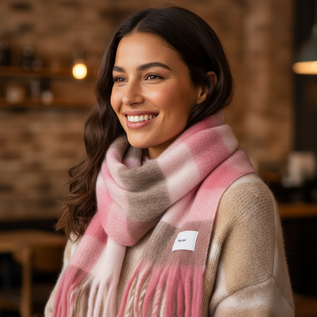 Bufanda Nucira rosa degradado — modelo sonriendo con bufanda Nümph