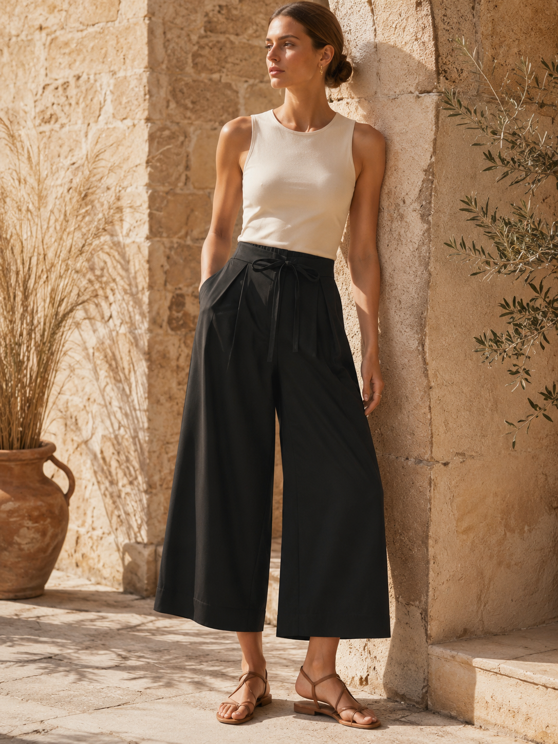 Pantalón culotte negro de cintura media