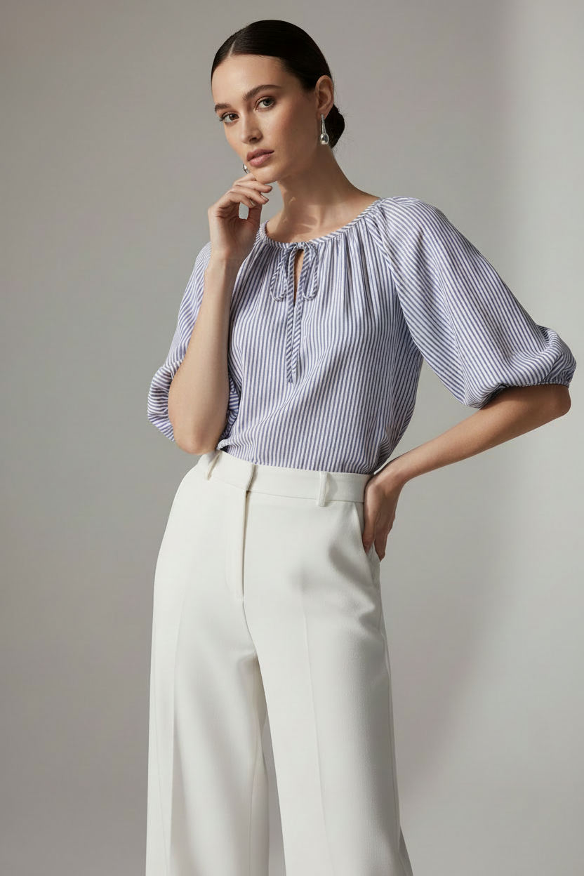 Blusa bordada de rayas Desires para mujer con manga abullonada