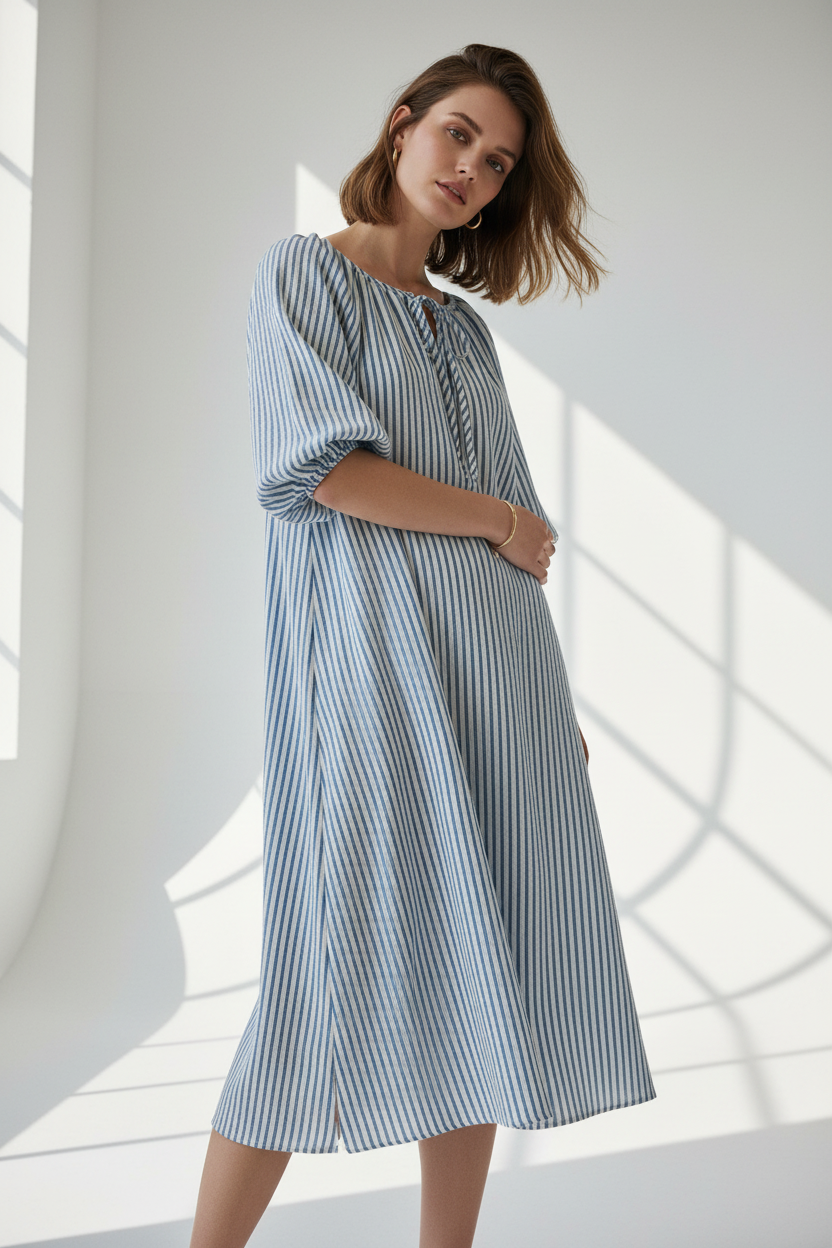 Vestido midi Desires de rayas con manga corta abullonada