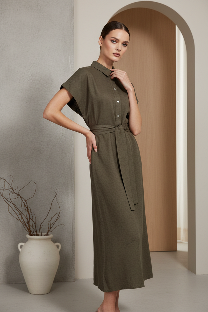 Vestido camisero de lino Nümph Nuherina en verde caqui