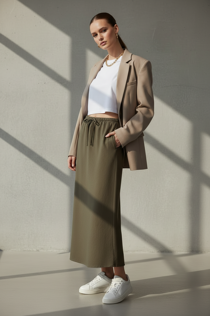 Falda midi de lino Nümph Nuherina para mujer en verde caqui