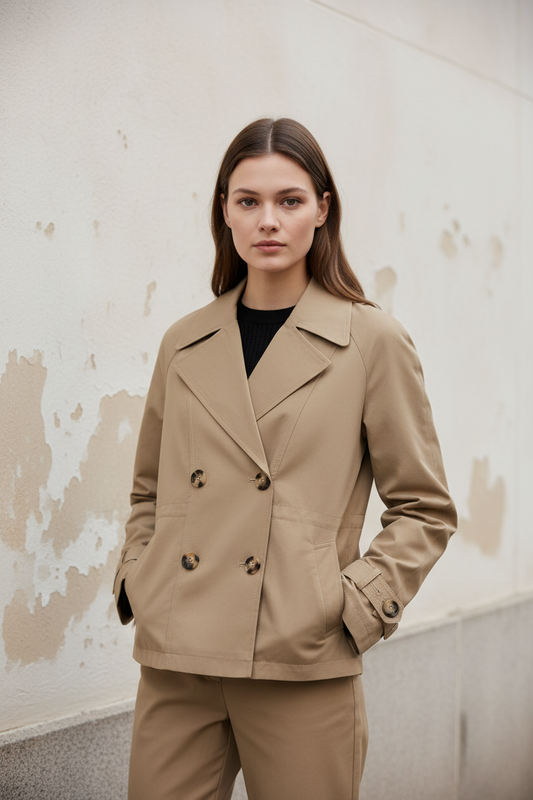 Gabardina corta tipo trench beige con doble botonadura — Nümph