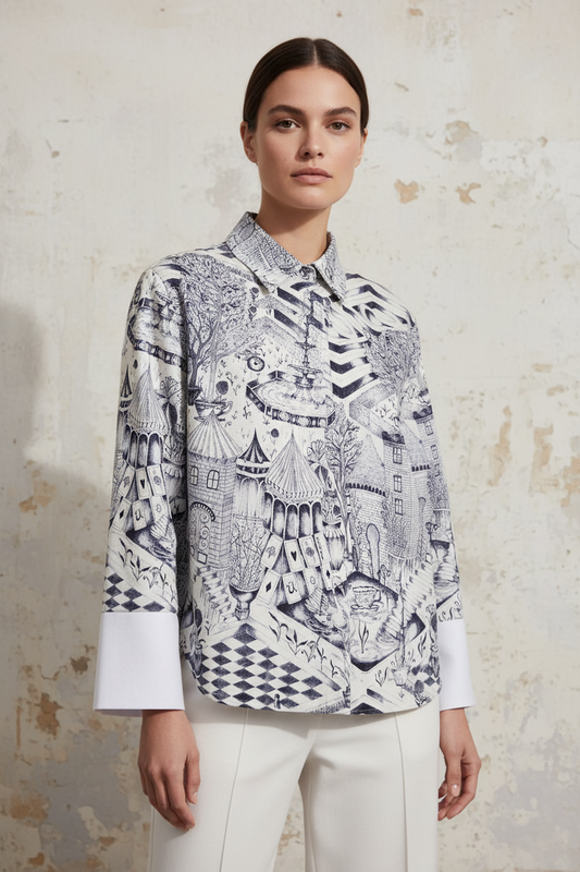 Camisa estampada de inspiración artística, vista frontal — Nümph | Marta Folch BCN