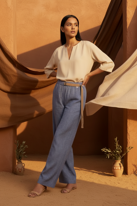 Pantalón palazzo de rayas en lino Mark Up para mujer
