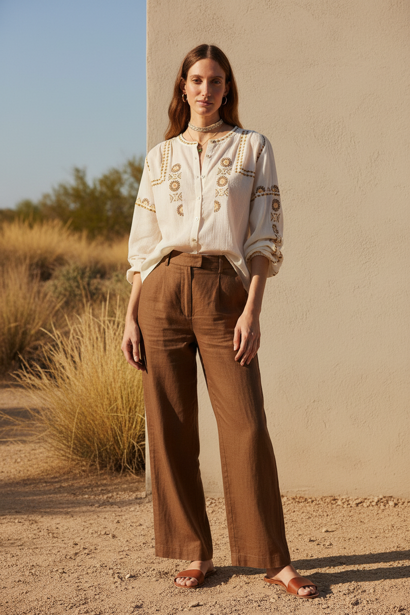 Camisa bordada de manga larga System Action para mujer en crudo