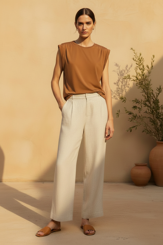 Camiseta System Action para mujer en color camel con hombros fruncidos