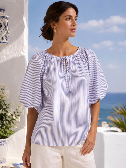 Blusa bordada de rayas con manga abullonada