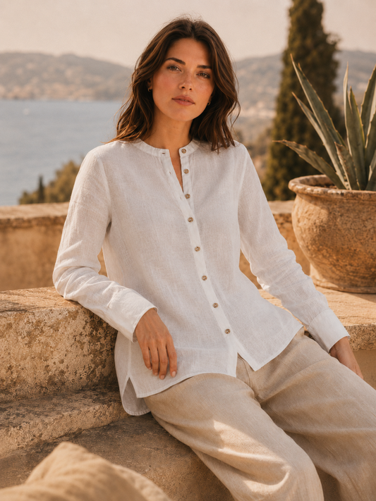 Camisa Mark Up de lino con cuello mao en tono beige