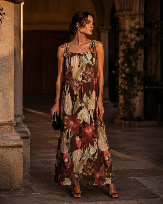 Vestido largo satinado estampado floral