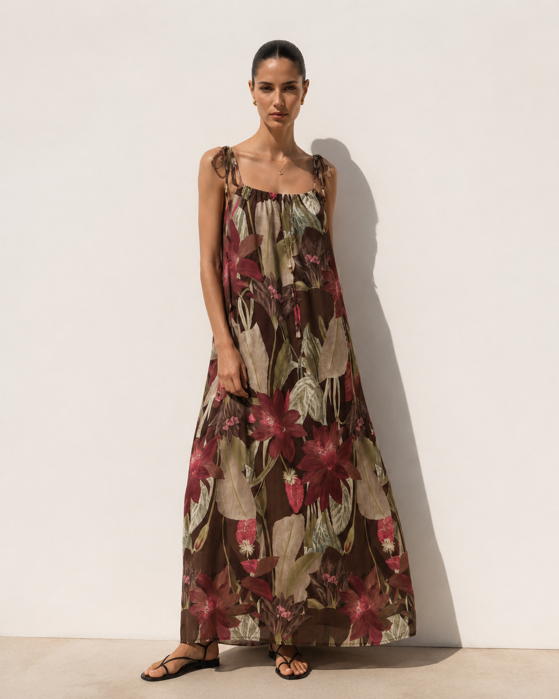 Long floral print satin dress