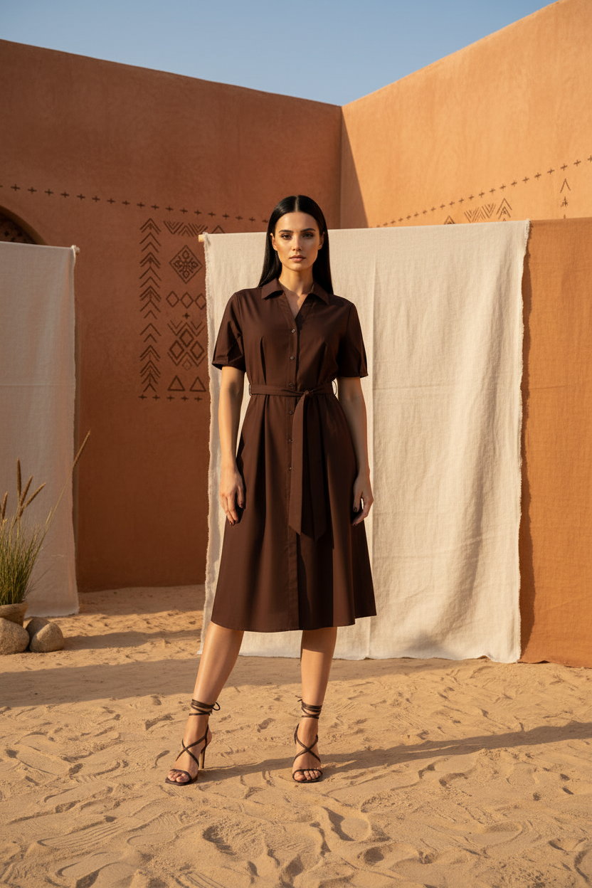 Vestido midi camisero Marinello en marrón chocolate
