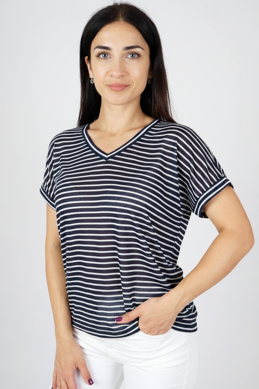Camiseta Marinello para mujer con contraste bicolor y cuello pico