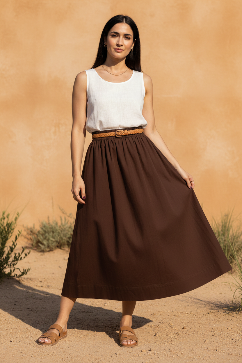 Falda midi fluida Marinello para mujer en marrón chocolate