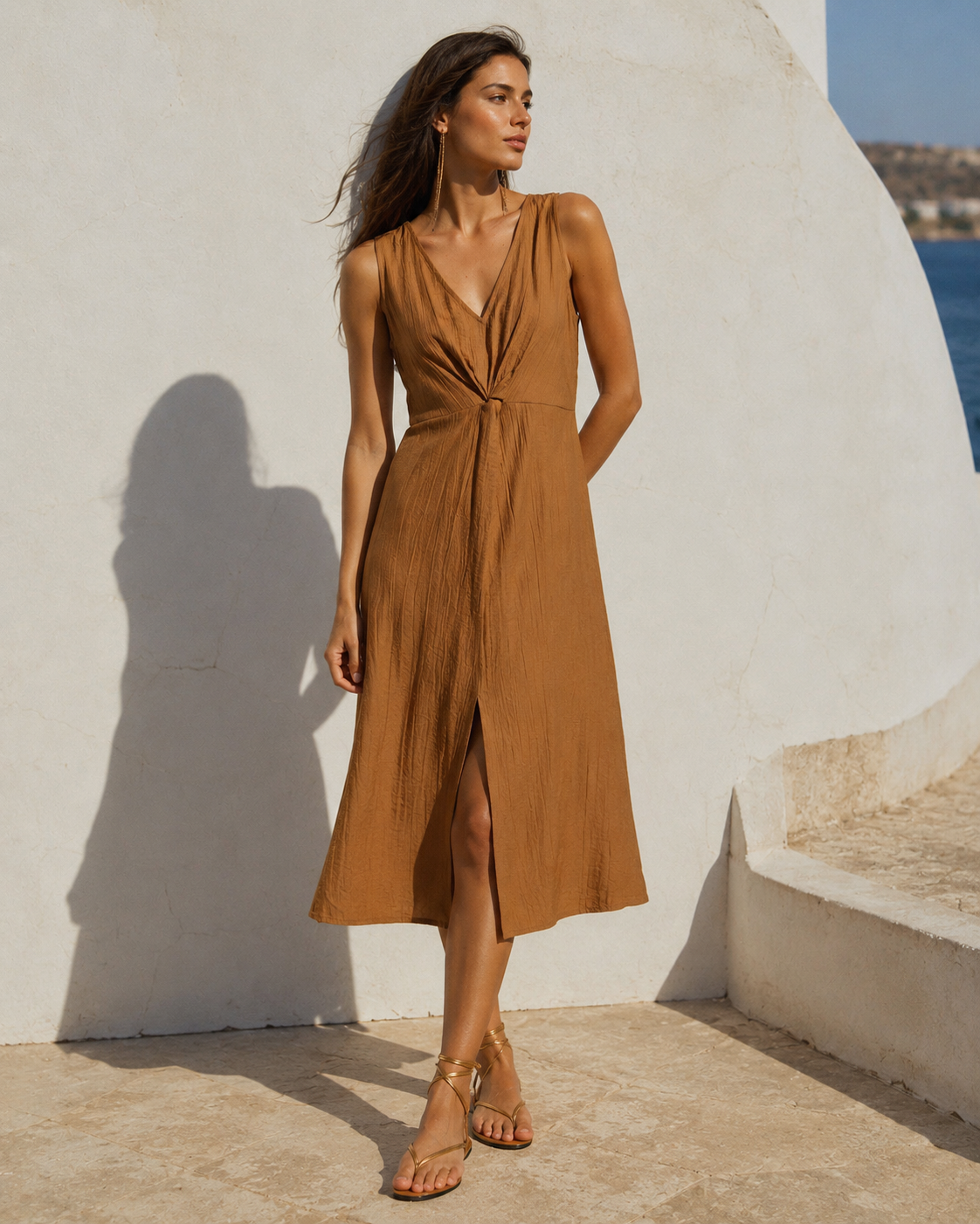 Satin maxi dress with draped neckline
