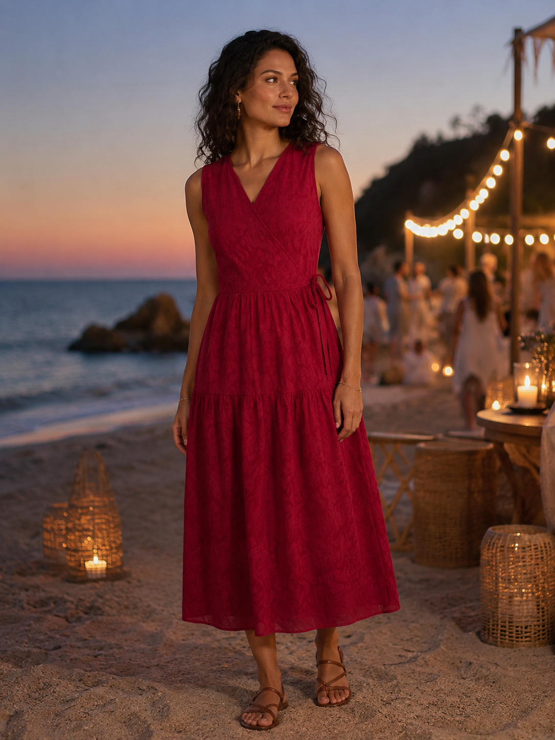 Red floral jacquard dress